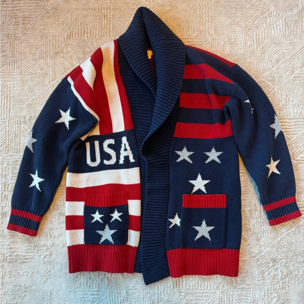 Charter Club USA Flag Cardigan Sweater XXL Red White Blue Stars Stripes Shawl - Picture 1 of 7